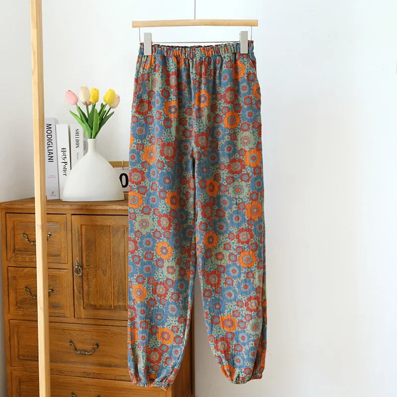 Saviig Women's Cotton Pajama Pants with Colored Flower Design