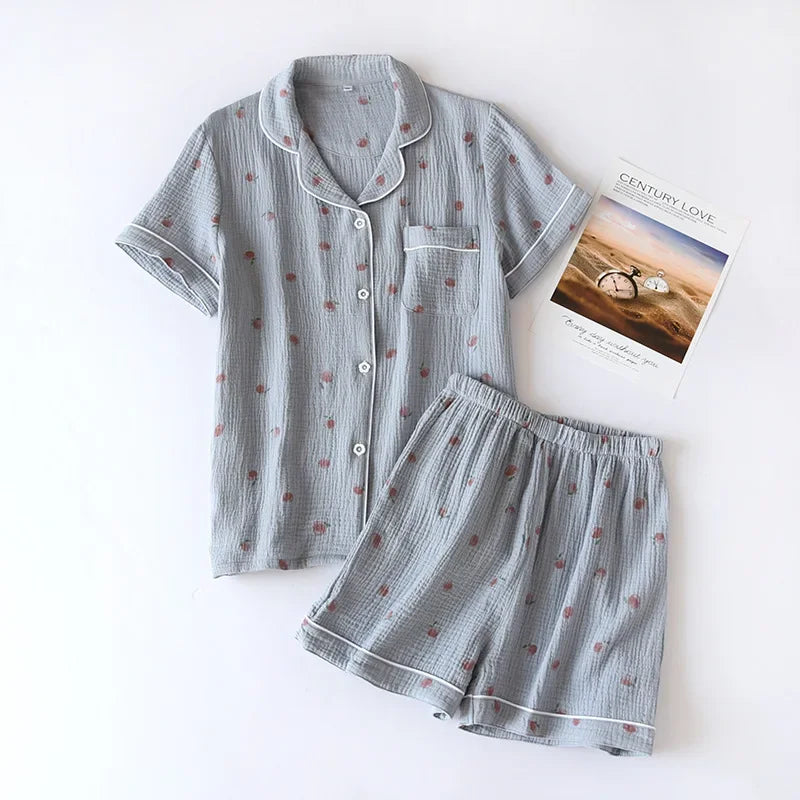 Saviig 2025 Summer Short-sleeve Pajama Set in 100% Cotton Crepe Fabric