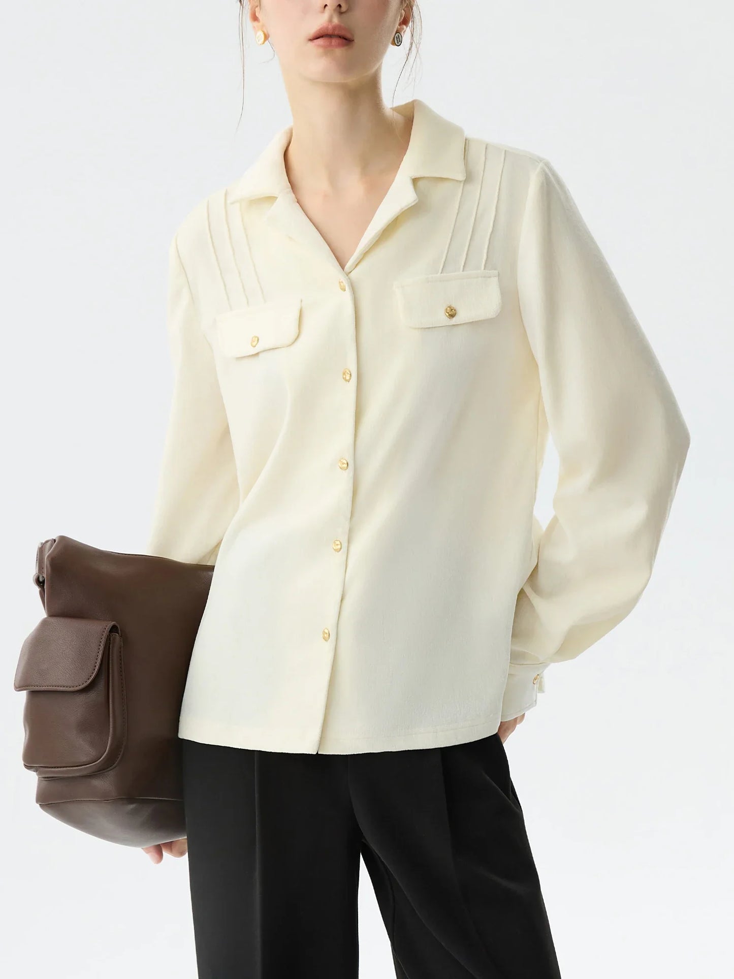 Saviig Beige Long Sleeve Turn-down Collar Women's Blouse Top