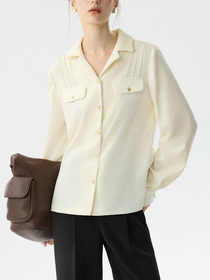 Saviig Beige Long Sleeve Turn-down Collar Women's Blouse Top