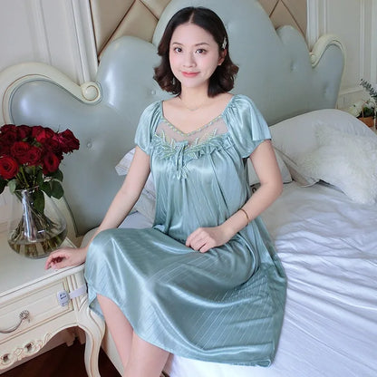 Saviig Ice Silk Nightgown: Short Sleeve Sexy Sleepwear & Lounge Pyjama