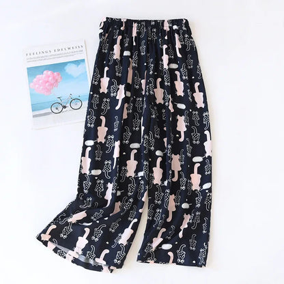 Saviig Summer Viscose Wide Leg Pajama Cropped Pants Plus Size