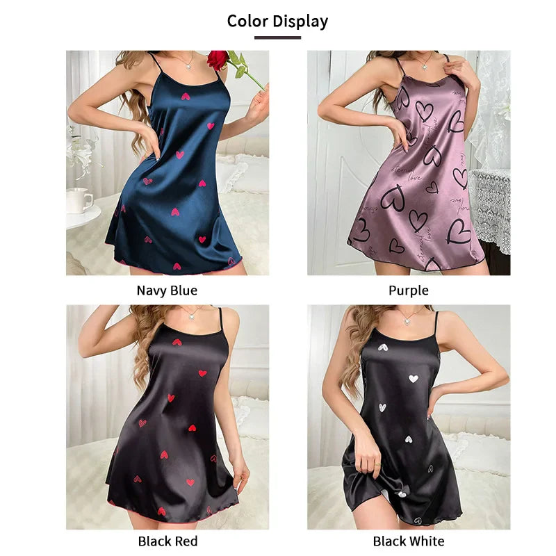 Saviig Heart Print Satin Nightdress: Soft & Stylish Women's Sleepwear