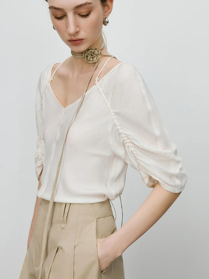 Saviig Pleated White Acetate Shirt Female Summer 2025 Collection