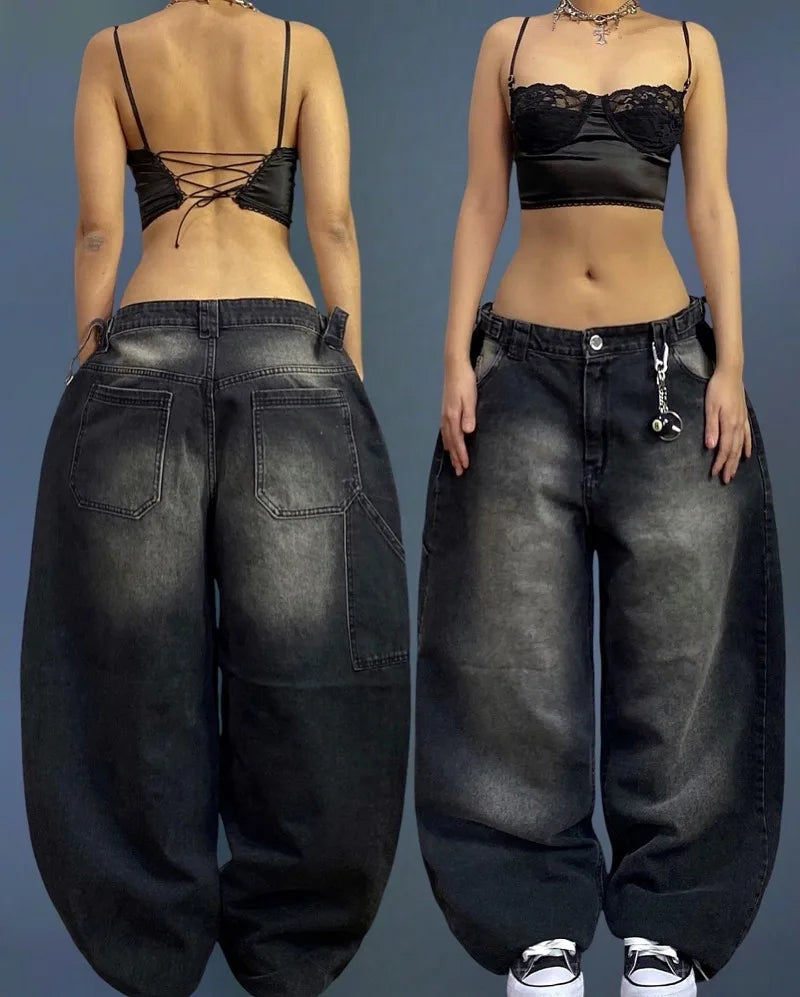 Saviig Black Washed Baggy Jeans: High Waist Wide Leg Pants