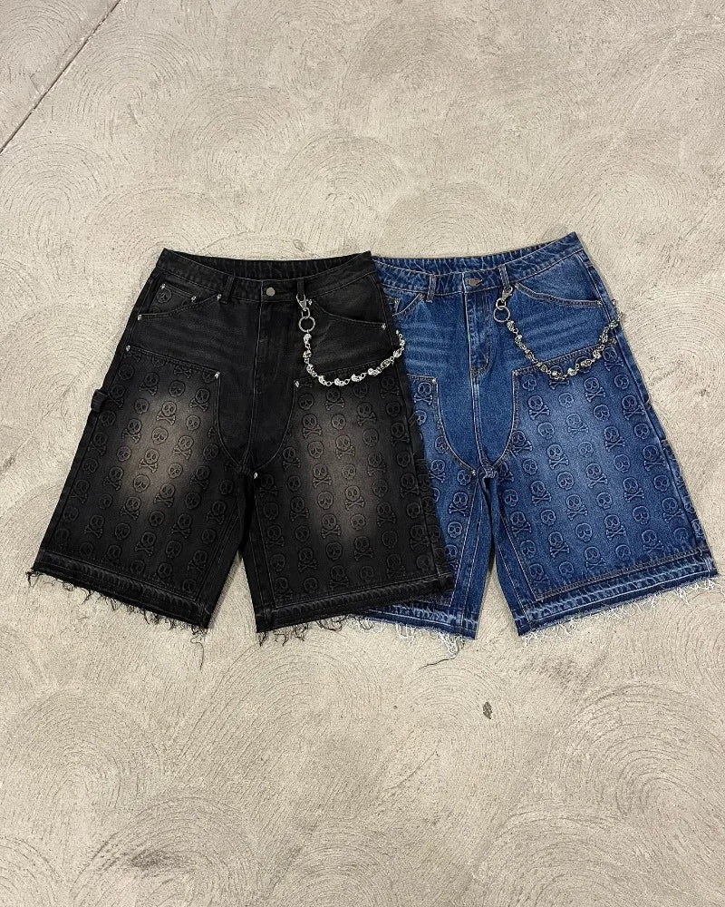 Saviig Vintage Skull Print Baggy Denim Shorts Women Gothic Hip Hop Oversized Shorts