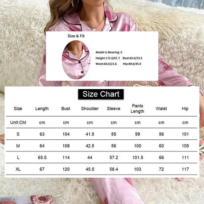 Saviig Heart Print Satin Pajama Set: Long Sleeve Top & Pants Lounge Wear