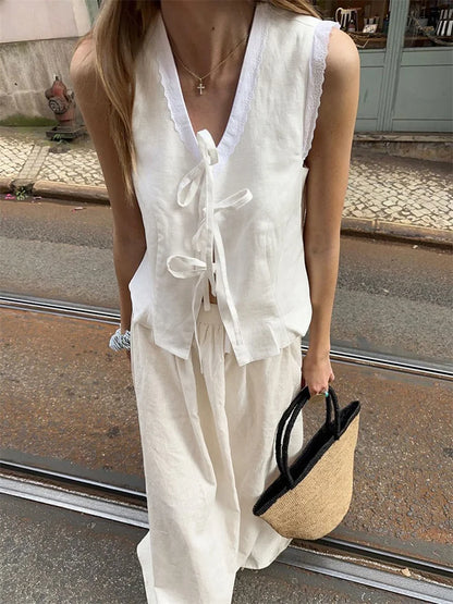Saviig White Lace-Up Cardigan Vest V-Neck Sleeveless Bandage Top