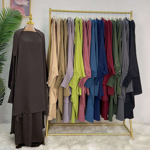 Saviig Satin Jilbab Set, Smocked Abaya, Khimar, Side Pocket Skirt