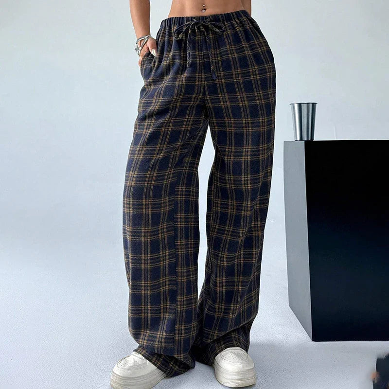 Saviig Plaid Straight Pants: Elastic Waist Drawstring Trousers