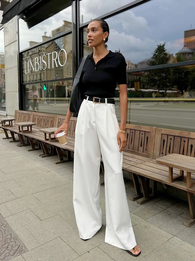 Saviig High Waist Wide Leg Pants | White Office Lady Loose Trousers