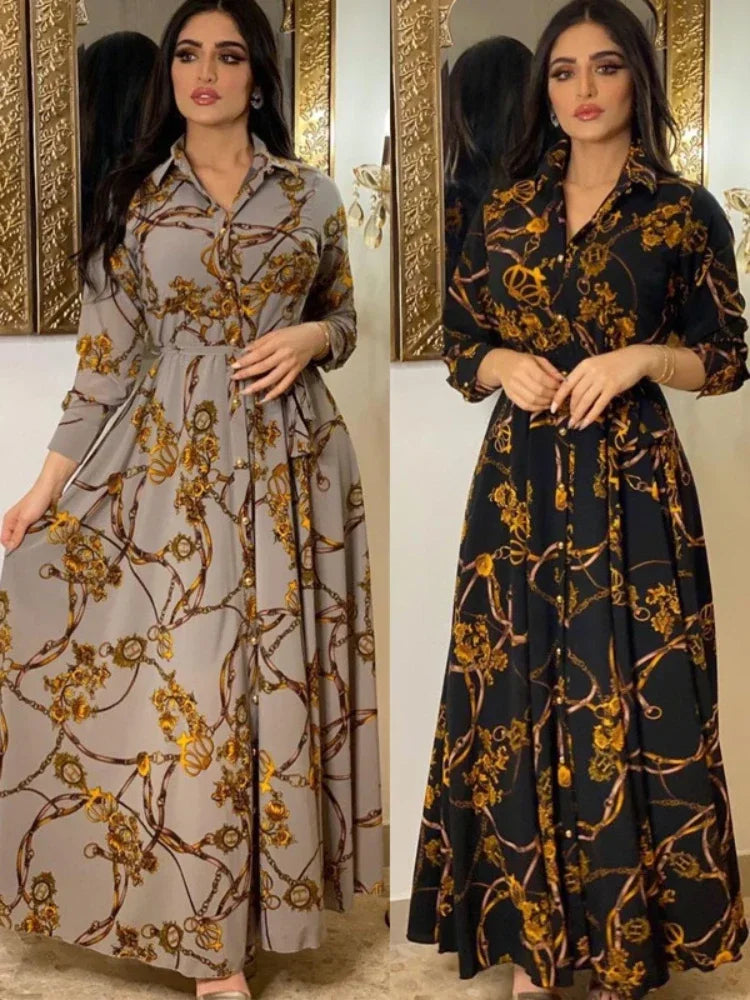 Saviig Ramadan Print Abaya Dress for Women, Elegant Islamic Kaftan Vestidos