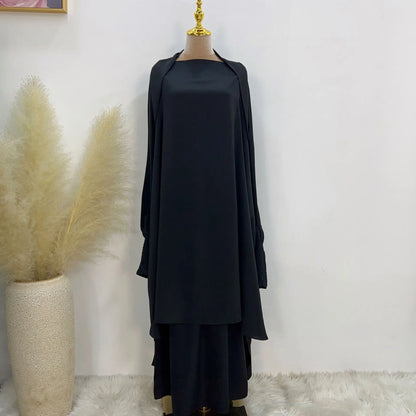 Saviig Satin Jilbab Set, Smocked Abaya, Khimar, Side Pocket Skirt