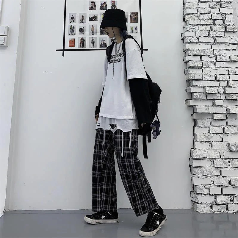 Saviig Black Plaid Hip Hop Wide Leg Pants Harajuku Style Oversize Trousers