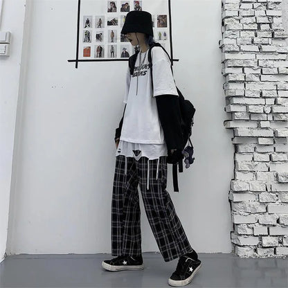 Saviig Black Plaid Hip Hop Wide Leg Pants Harajuku Style Oversize Trousers