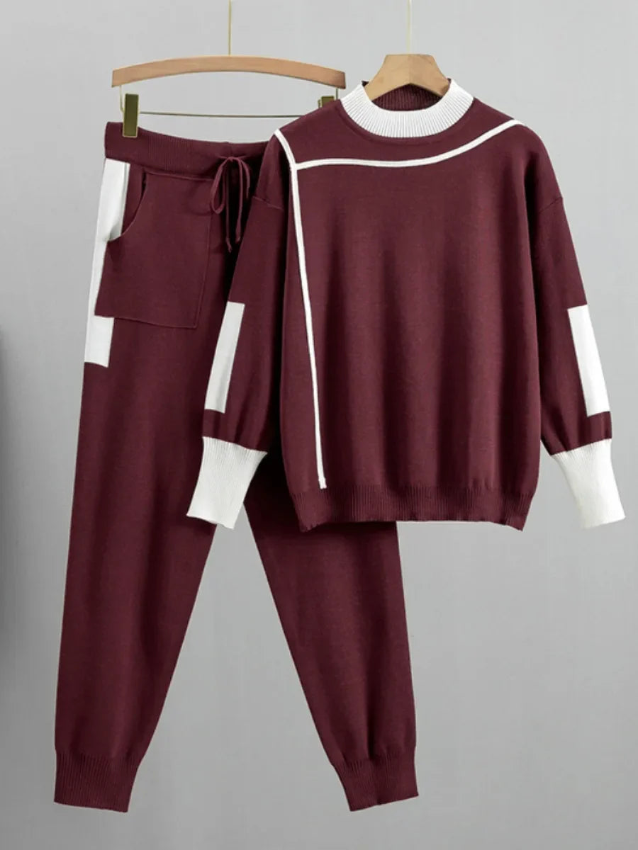 Saviig Winter Women Knitted Set: Pullover Sweater & Pant 2PCS Outfit Warm Sport Suit