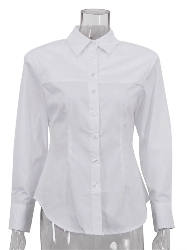 Saviig White Casual Lapel Shirt with Long Sleeve for Women in 2025