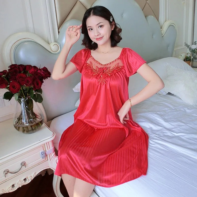 Saviig Ice Silk Nightgown: Short Sleeve Sexy Sleepwear & Lounge Pyjama