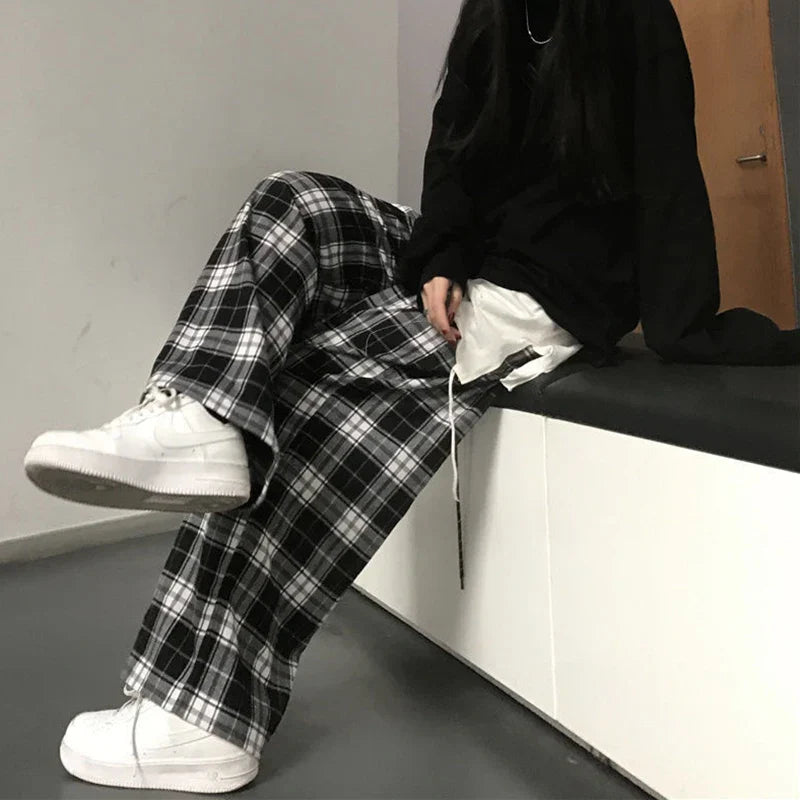 Saviig Harajuku Plaid Pants: Black and White Unisex Wide Leg Trousers