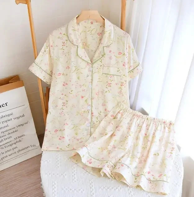 Saviig Summer Pajama Set: Viscose Short-Sleeve Top & Cotton Shorts