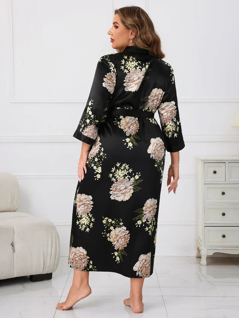 Saviig Satin Floral V-Neck Kimono Robe Belted PJs, Size 5XL