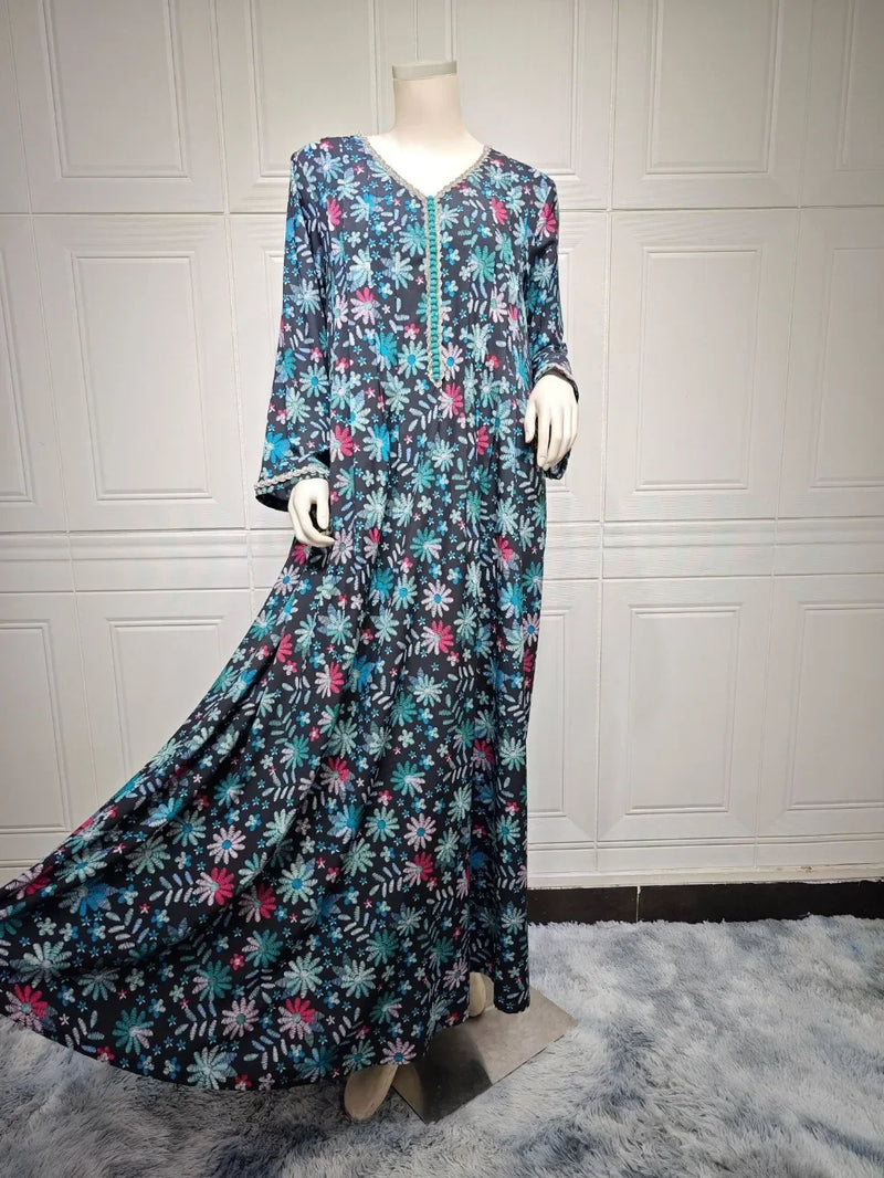 Saviig Floral Print Diamond Eid Abaya Dress for Women - Muslim Party Kaftan Dubai