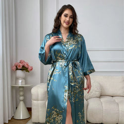 Saviig Satin Floral V-Neck Kimono Robe Belted PJs, Size 5XL