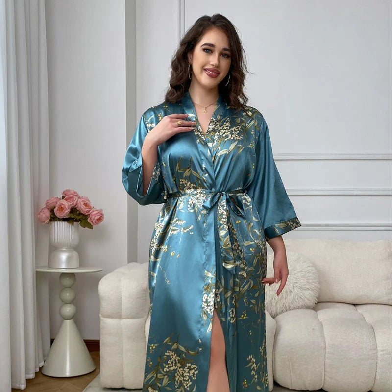 Saviig Satin Floral V-Neck Kimono Robe Belted PJs, Size 5XL