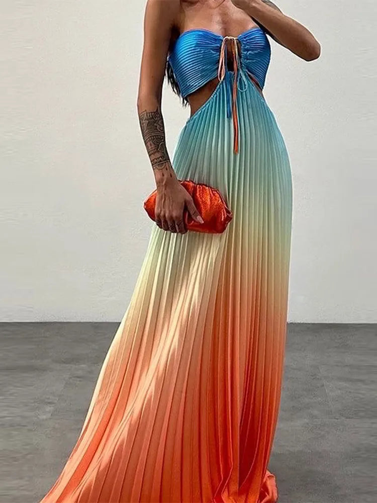 Saviig Printed Gradient Halter Long Dress Hollow Out Vacation Robe