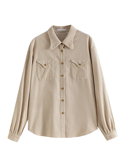 Saviig Corduroy Shirt: French Art Design Solid Long Sleeve Women's Shirt