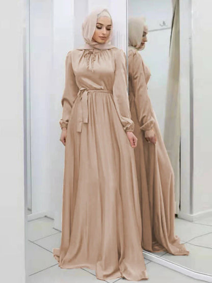 Saviig Lace-Up Satin Maxi Dress with Long Sleeves for Women Muslim Abaya