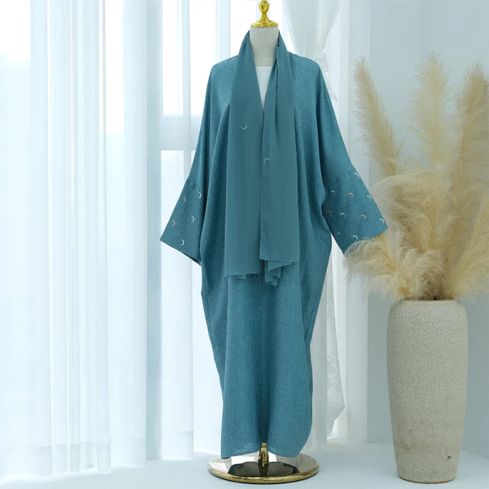 Saviig Moon Embroidery Open Abaya, Batwing Sleeves Kimono for Muslim Women