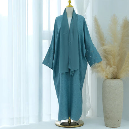 Saviig Moon Embroidery Open Abaya, Batwing Sleeves Kimono for Muslim Women
