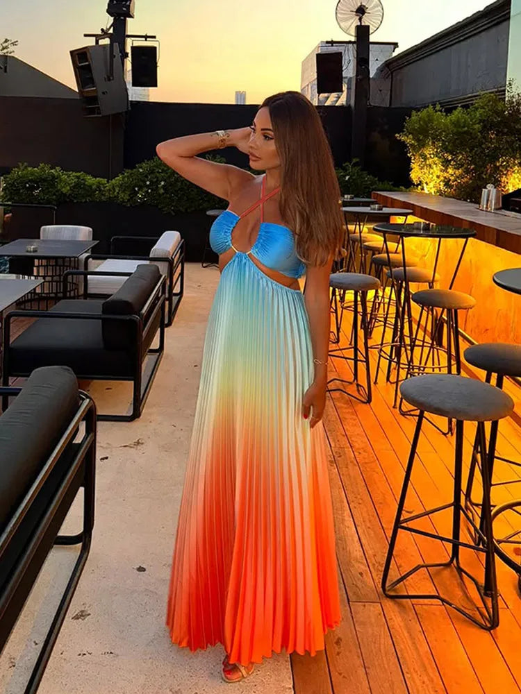 Saviig Printed Gradient Halter Long Dress Hollow Out Vacation Robe