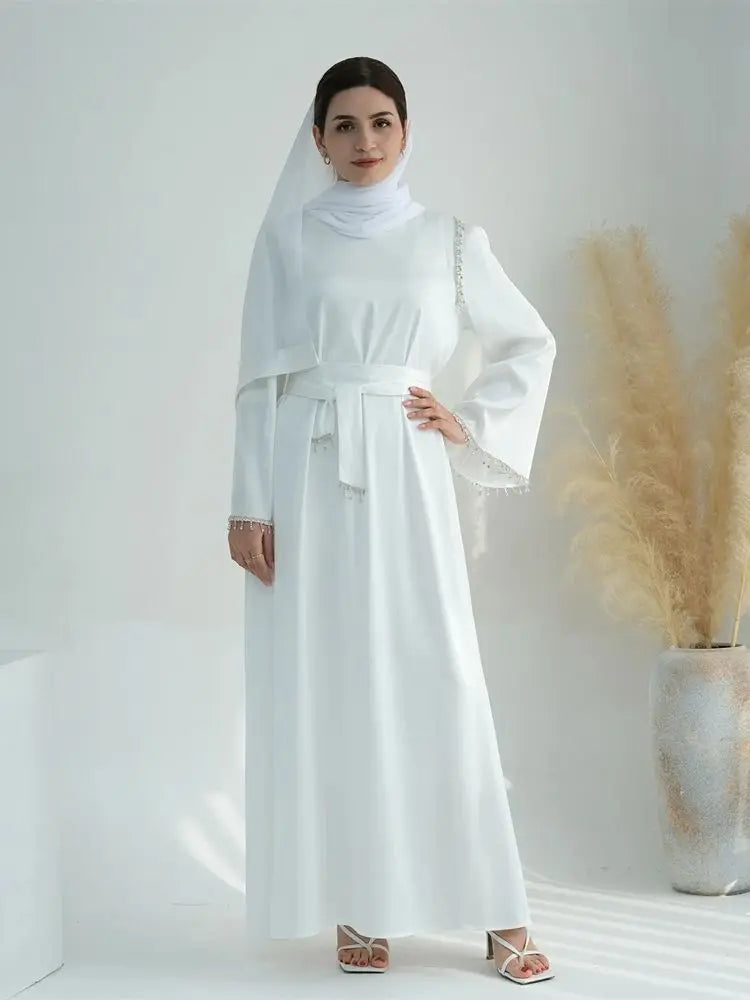 Saviig Ramadan Satin Diamond Abaya Dress for Muslim Women