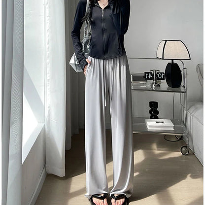Saviig 2025 Women's Ice Silk Wide Leg Pants - High Waist Casual Sporty Summer Trousers
