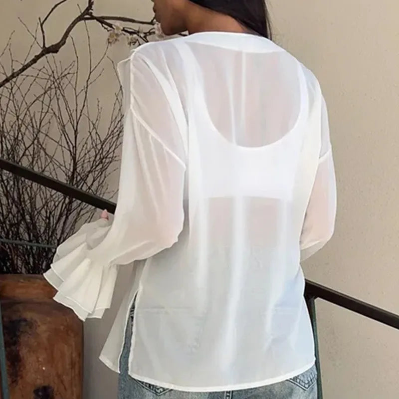 Saviig Summer White Chiffon Ruffle V-Neck Shirt