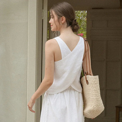 Saviig Linen Cross Back Tank Top Solid Patchwork Summer Haut Femme