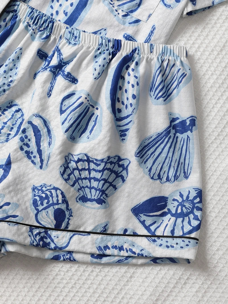 Saviig Women's Shell Print Pajama Set Top & Soft Shorts Relax Fit Loungewear