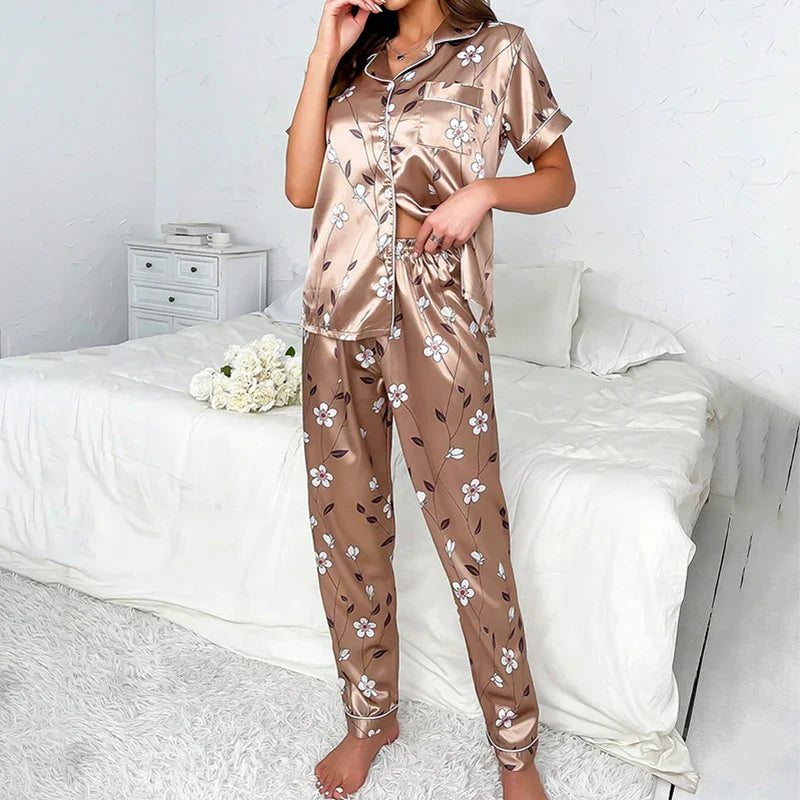 Saviig Womens Floral Pajama Set Short Sleeve Top & Elastic Waist Pants
