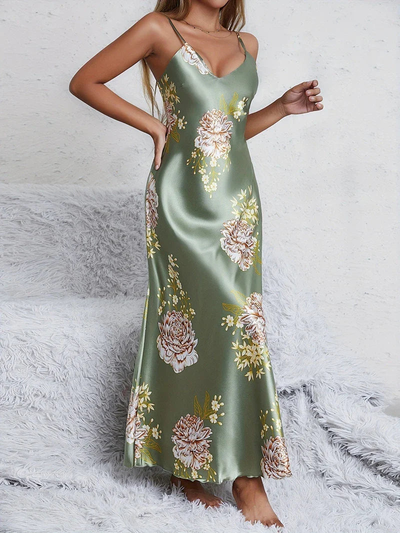 Saviig Silky V-Neck Floral Print Nightgown Sleep Dress for Women