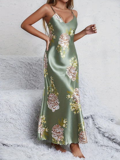 Saviig Silky V-Neck Floral Print Nightgown Sleep Dress for Women