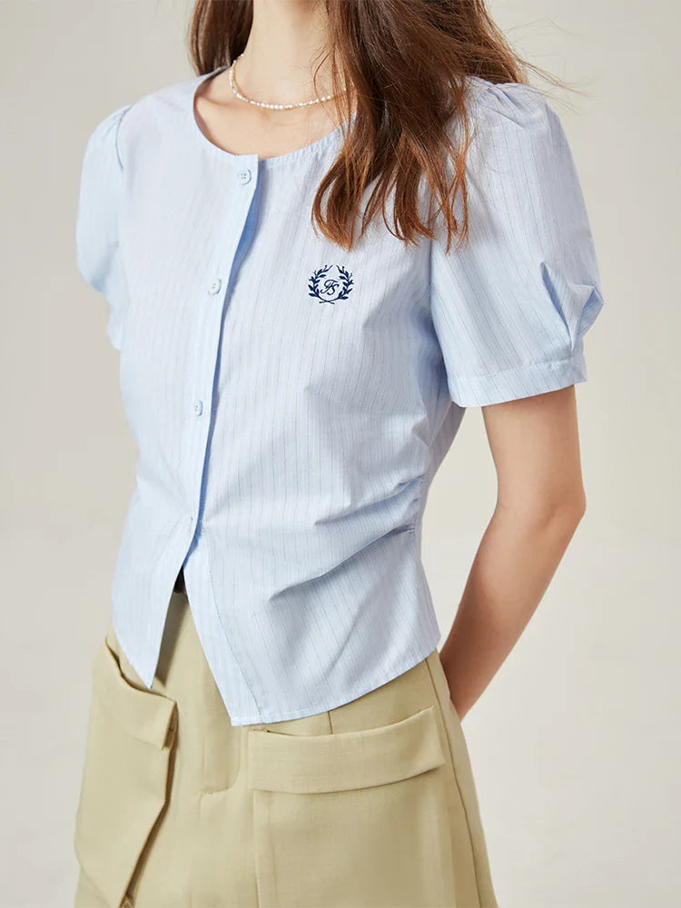 Saviig Light Blue Striped Casual Shirt Women Summer Slim Fit Short Sleeve