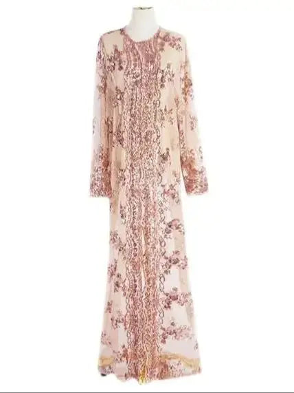 Saviig Sequined Lace Mesh Kimono Abaya for Women, Elegant Muslim Hijab Dress