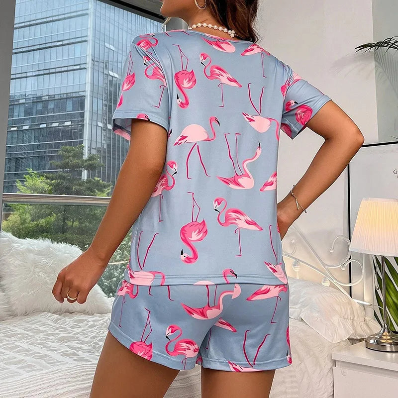 Saviig Flamingo Print Pajama Set for Women Short Sleeve Top Shorts Pyjama Femme