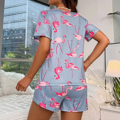 Saviig Flamingo Print Pajama Set for Women Short Sleeve Top Shorts Pyjama Femme
