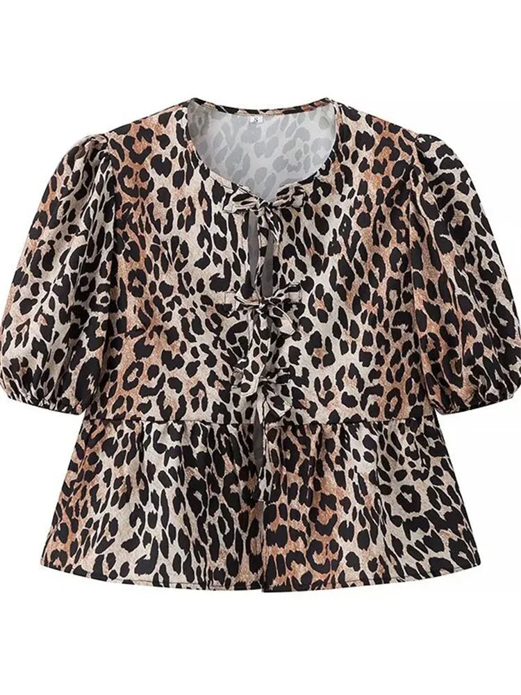 Saviig Leopard Print Contrast Lace-Up Slim Bandage Shirt