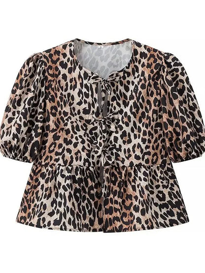 Saviig Leopard Print Contrast Lace-Up Slim Bandage Shirt