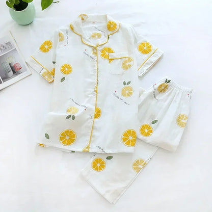 Saviig Cotton Gauze Women's Pajama Set: Short-Sleeve Top & Pants, Cute & Lightweight