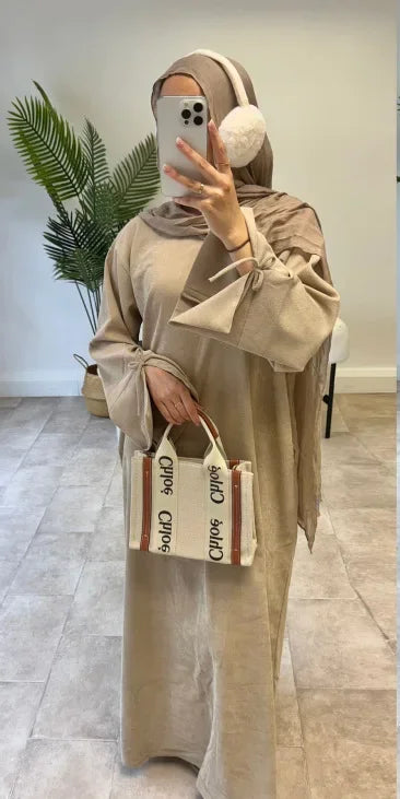 Saviig Corduroy Bowknot Abaya: Modest O Neck Dress with Pockets